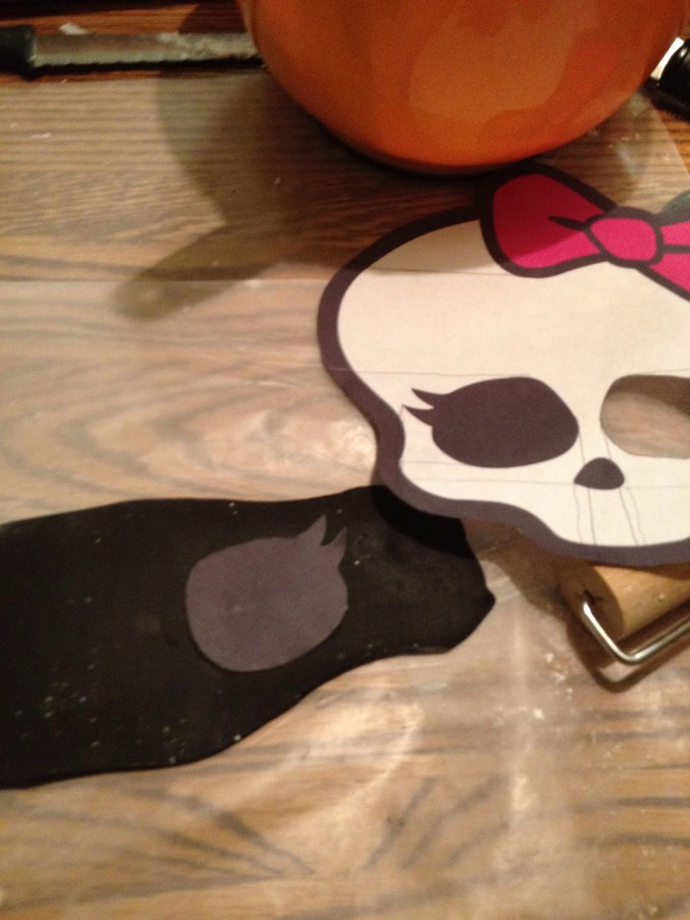 Using the Skullette printout, cut the eyes and nose out of black fondant.