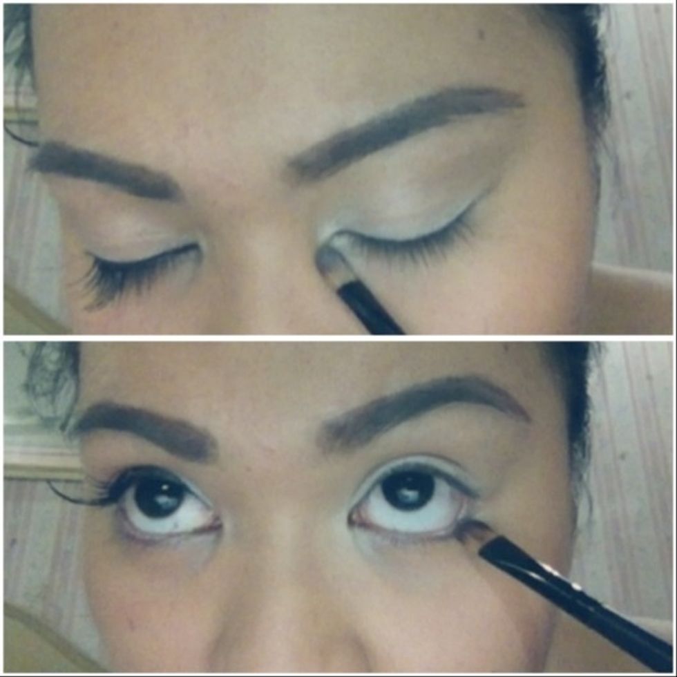 Using the tip of your flat e/s brush and satin finish white e/s, apply a thin line right above your lash line (don't forget inner corner of your eyes). Also, line your lower water line.