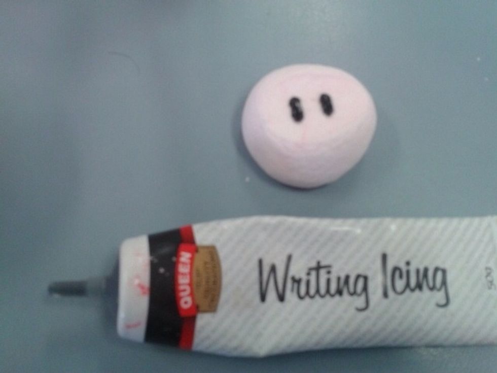 Using the writing icing draw two lines on the other part of the marshmallow for the snout