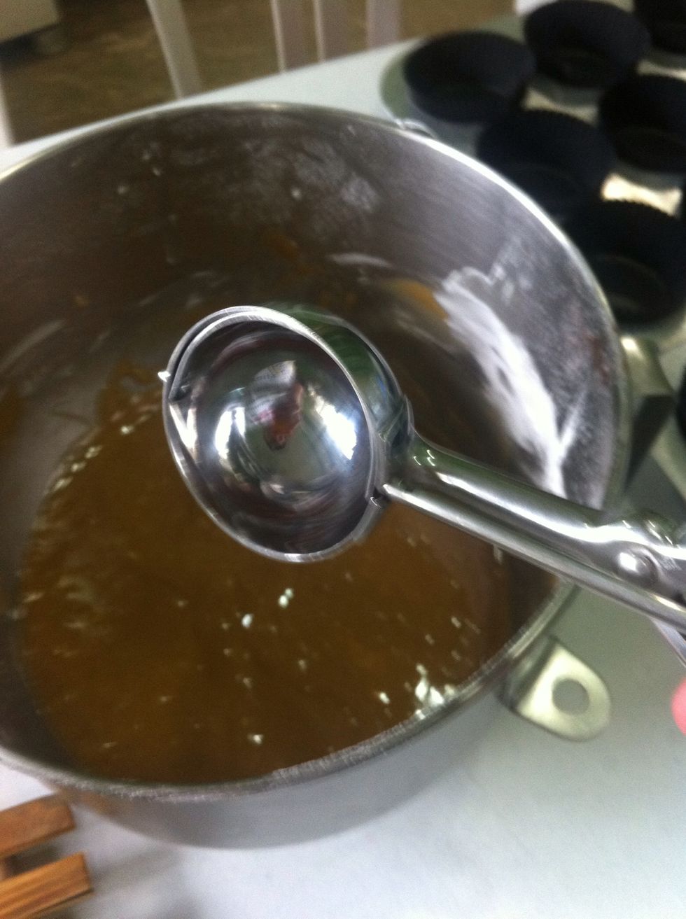 Using this mini ice cream scooper scoop 1 full per cupcake liner.