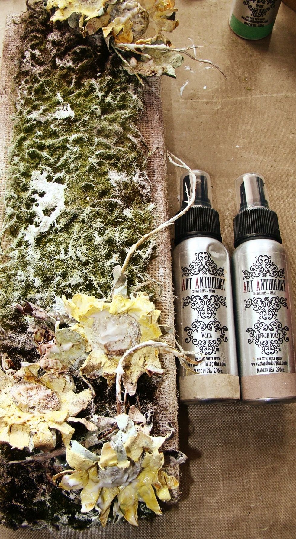 Using your Colorations Spray in Warm, spray the sides of random spots on the front. I sprayed French Toast under the flowers to provide shadows on the canvas. Heat set.