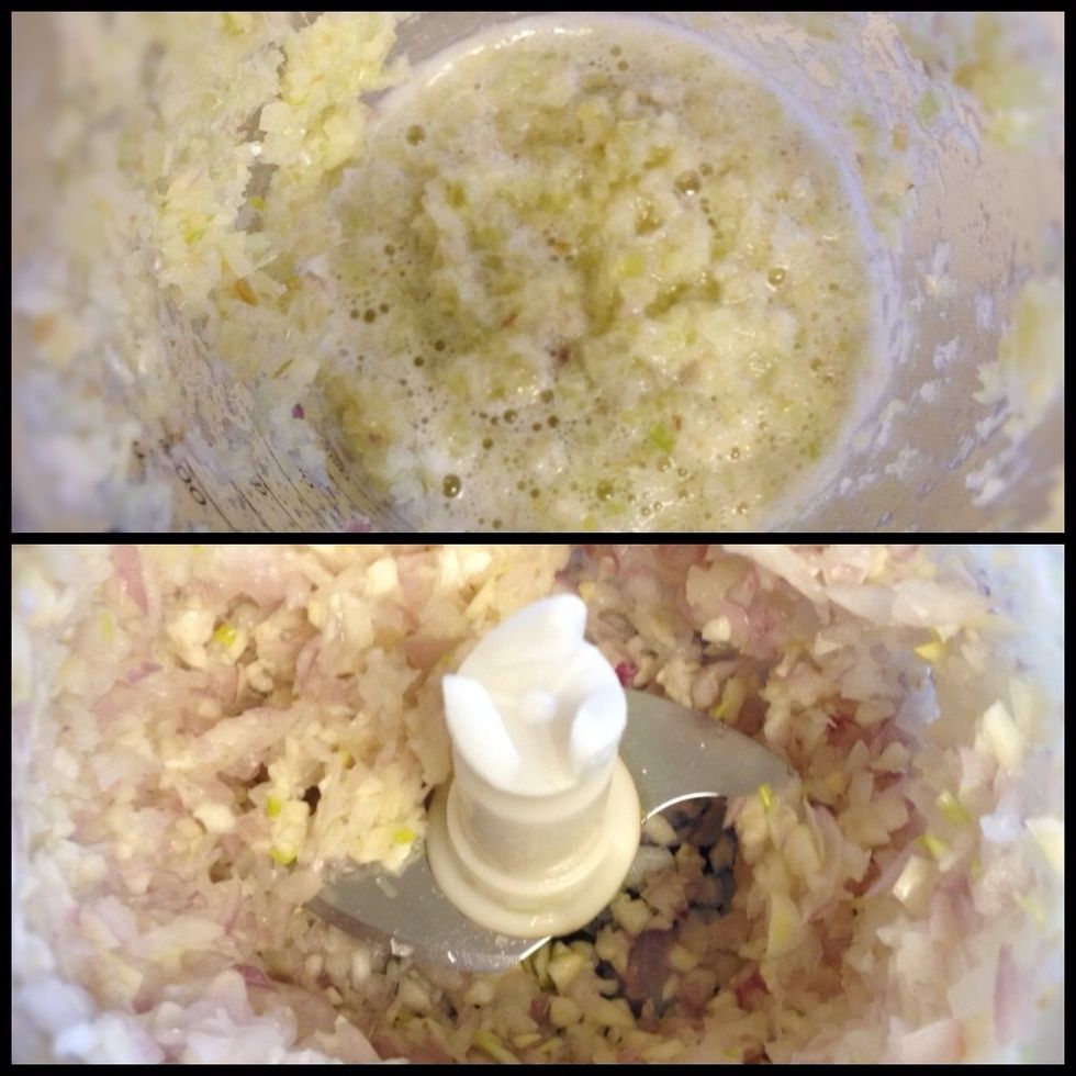 Using your food processor, chop the lemongrass, shallots, and garlic.