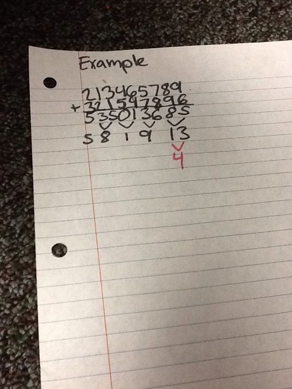 Using your new line of numbers, starting from the right add the next two DIGITS only.