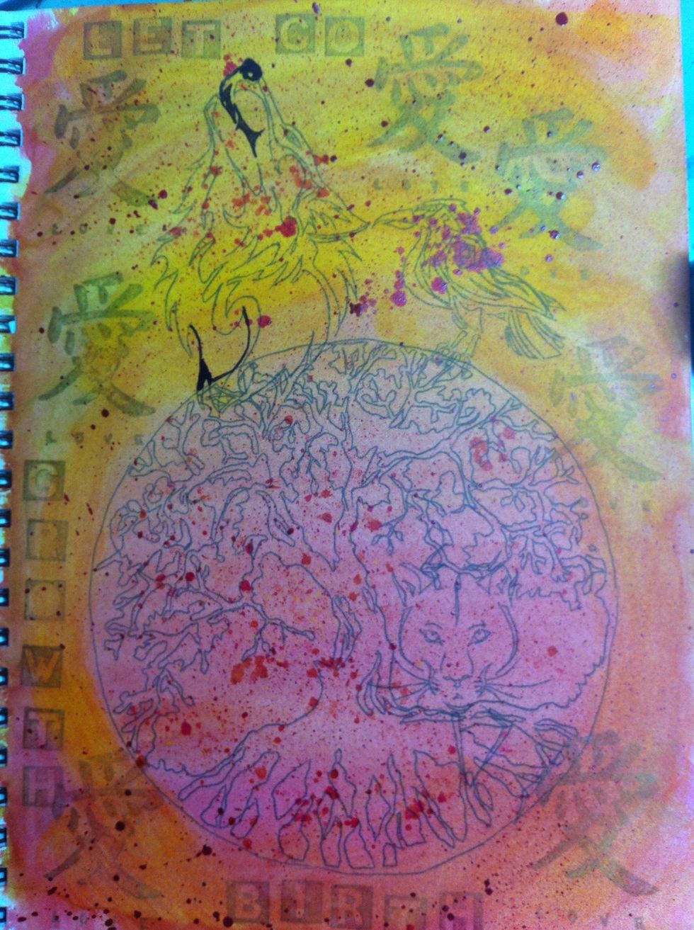 Using your paint, lay down your colors. Make sure the paint is thin for a transparent look. Here I used colors on the same side of the color wheel. Vary the colors & your placement by layering paint