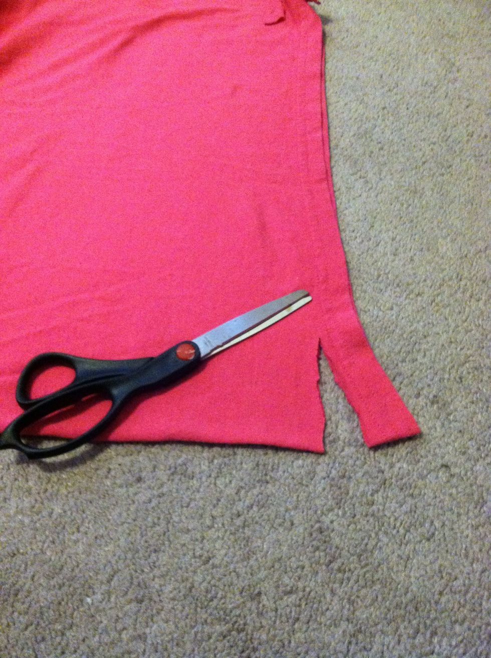 Using your scissors, cut a slit in the side of the shirt going in towards the belly of the shirt \ud83d\ude0a
