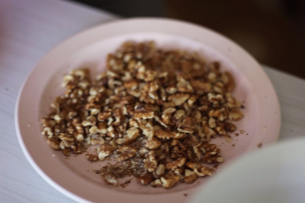 Using your stunning, clean washed hands break apart the walnuts. Don't use a blender, we want nice big chunks of nutty goodness. I know!! Such a hard job but we can do it :)