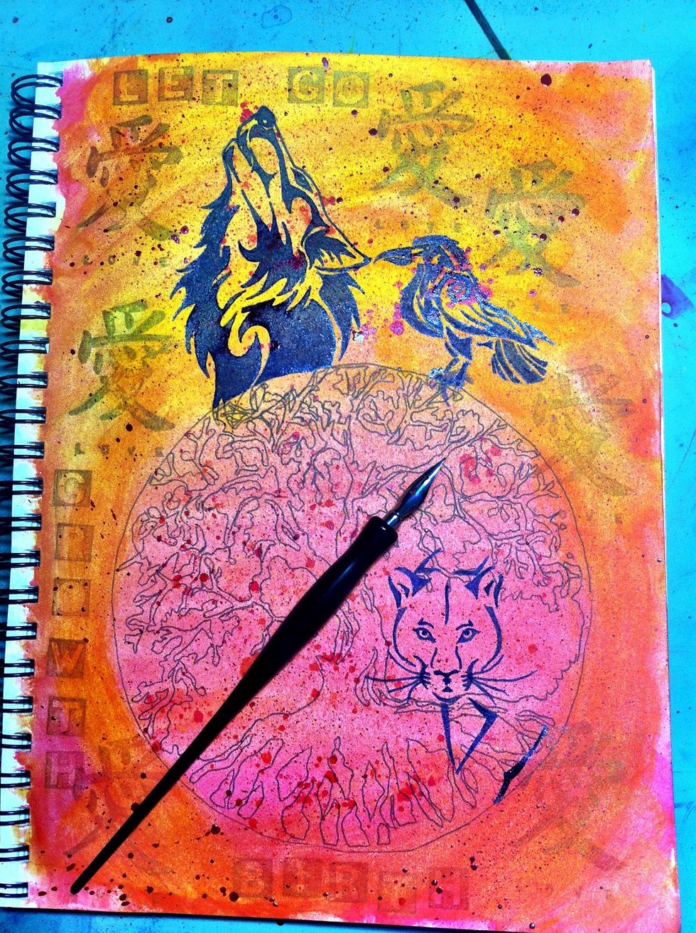 Using your stylus, nib and ink, start to color in your images. I used a purplely-blue as I wanted the ink to be muted against the background. I joined my images with lines to unite them visually.