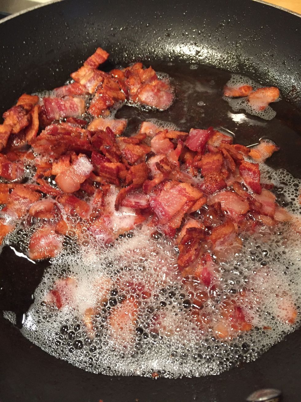 Usually by this time, the bacon is cooked. Make sure it's extremely crispy! I find if it's not, it softens up when you put it in the soup later on.