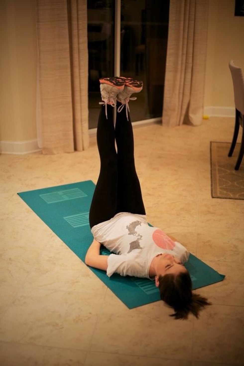 V-outs: lay on the floor with legs straight at 90 degrees. Your entire back should be touching the floor. If needed, place hands under tailbone. Slowly extend legs to the side so they make a "v"