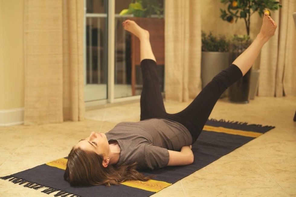 V-Outs:  Lay on your back with legs at 90 degrees or 45 degrees (advanced). Place your hand under your tailbone and begin opening legs to form a "V". Bring back to starting. Continue for 30 seconds.