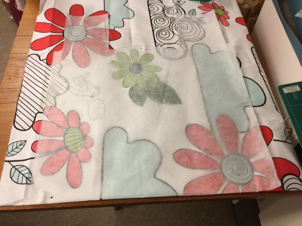 V\u00e4lj yttertyg och foder. Vik yttertyget dubbelt och n\u00e5la fast ditt m\u00f6nster. Se till att botten ligger mot vikt kant.