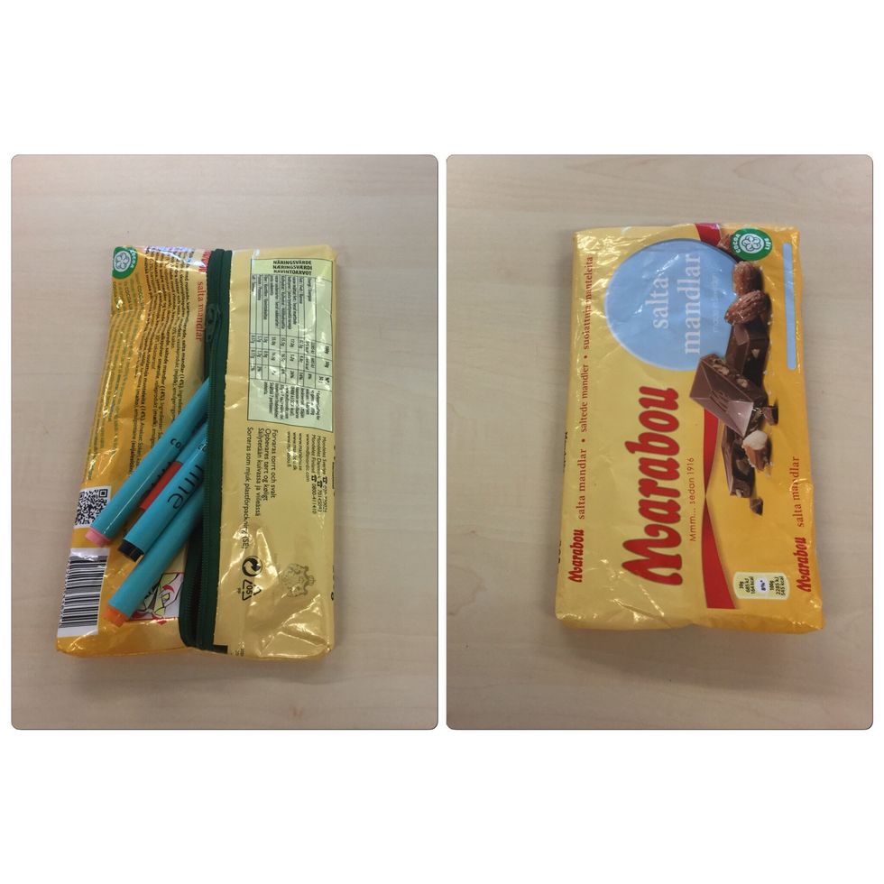 V\u00e4nd pennfodralet r\u00e4tt (f\u00f6rsiktigt) och peta ut h\u00f6rnen.