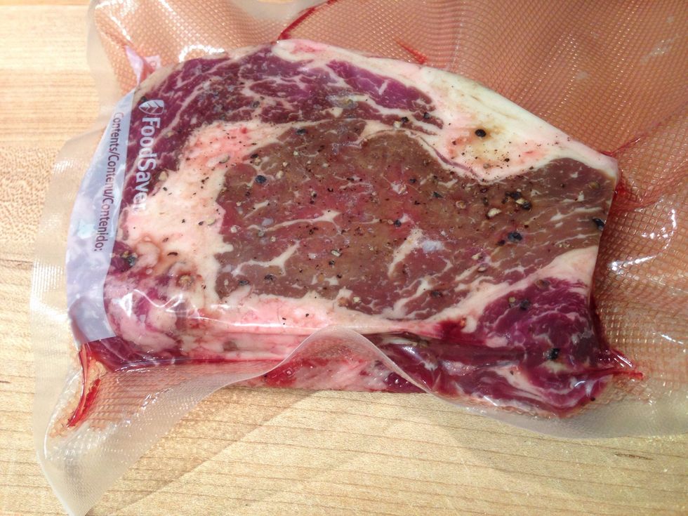Vacuum seal your steak in a sous vide bag with some salt and pepper. Refrigerate overnight if you want, but not necessary.  A warning, none of this will look appetizing until it's ready to eat.