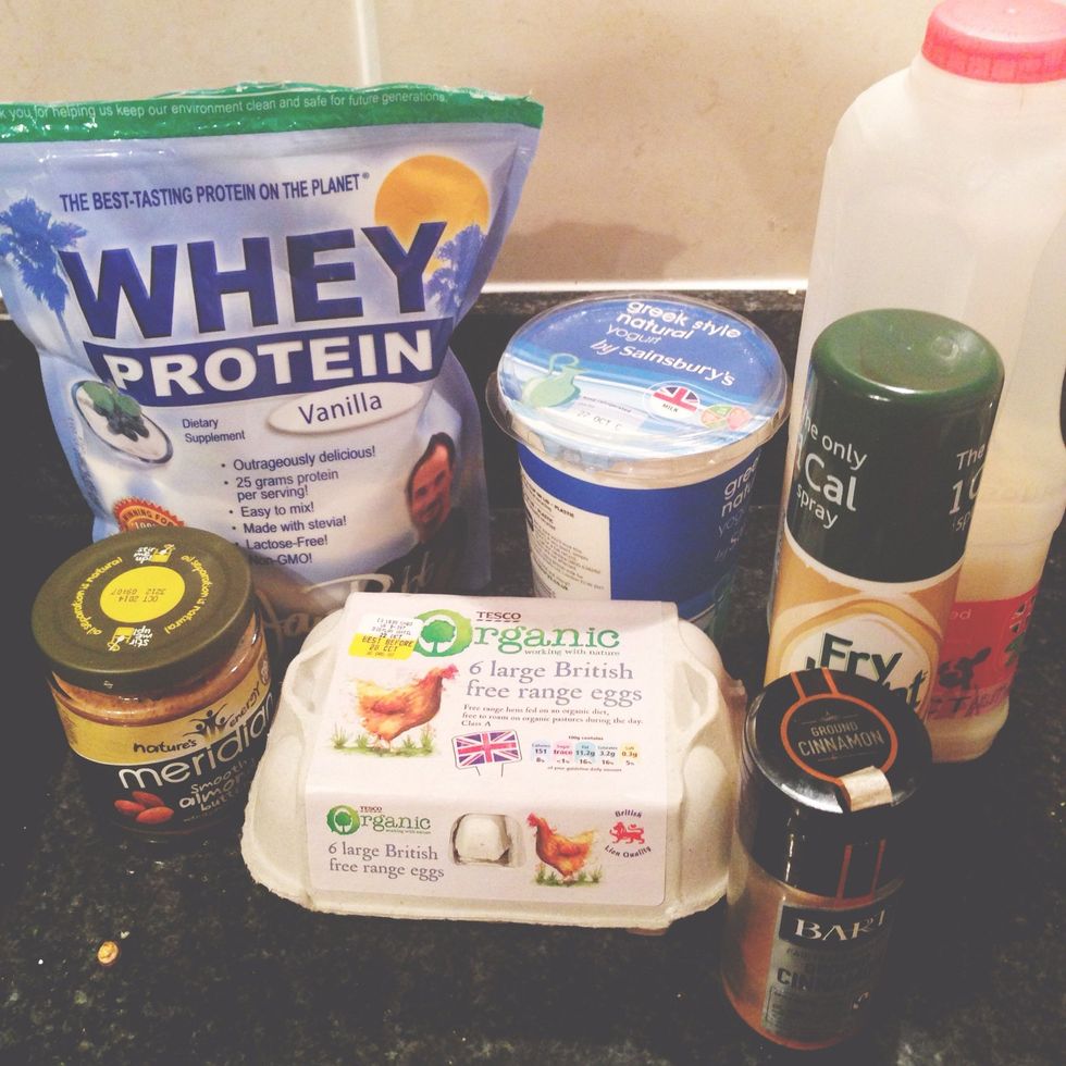 Vanilla protein powder, almond butter, eggs, cinnamon, fry light, greek yogurt, fat free milk
