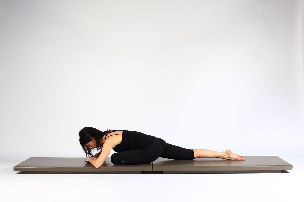 Variation 1. Lower your body towards the left thigh and try to breath deeply and hold from 1-4 minutes. Note- if you feel pain in the left knee push your knee into the floor using your left elbow