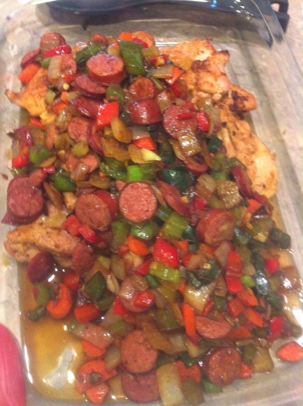 Veggies sausage and chicken resting while we make the roux