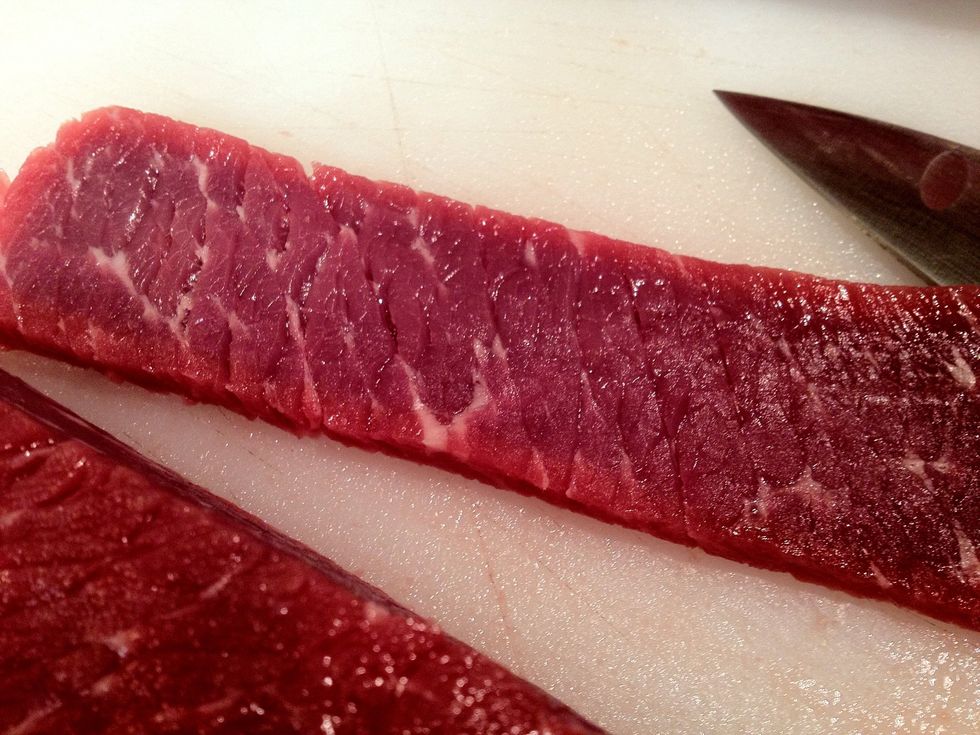 Very light marbling in this cut. Note diagonal grain makes for easy chewing.
