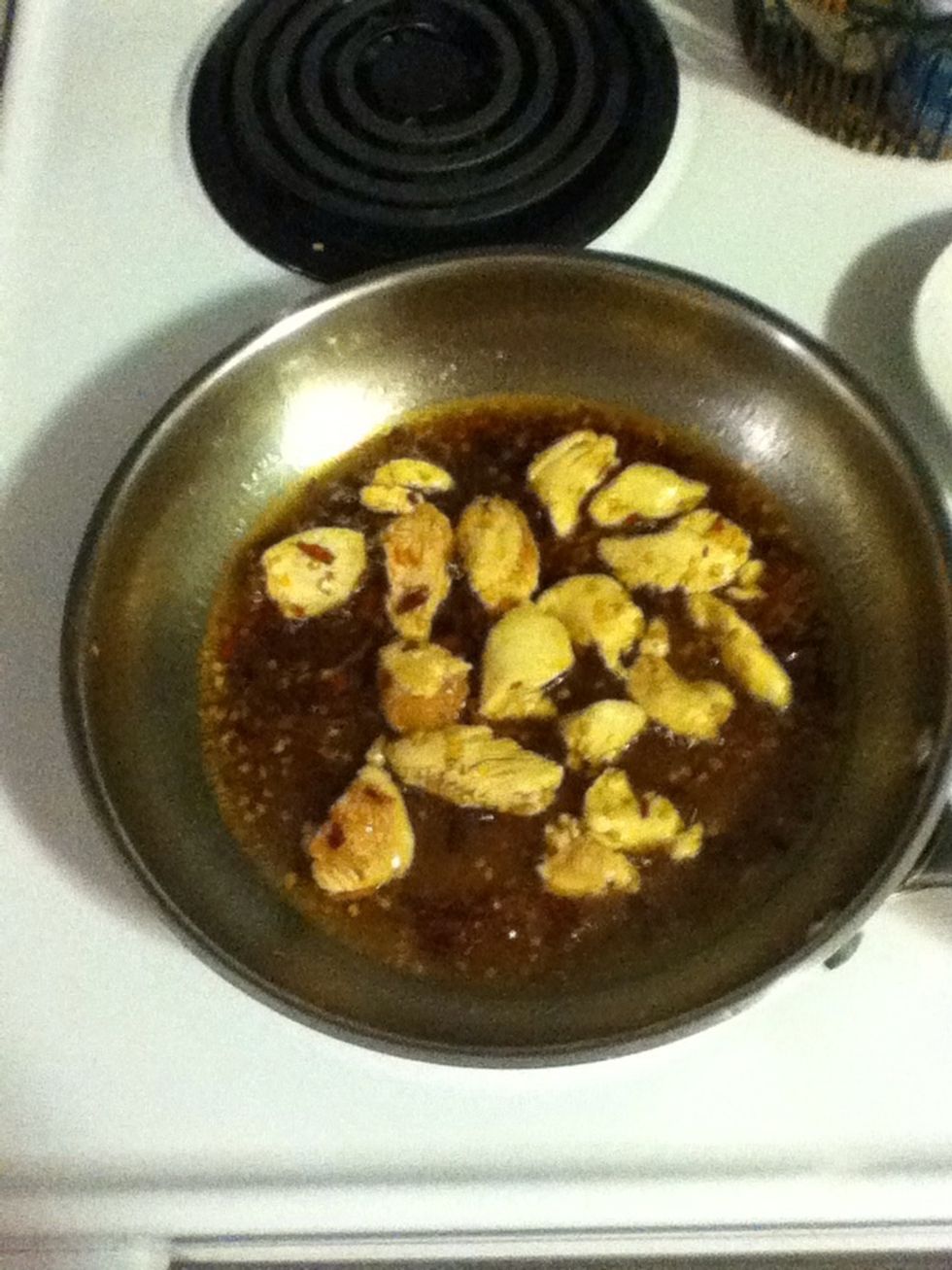 Very soon after adding the chicken, add the sauce. Let it bubble and caramelize for a few minutes (trust me).