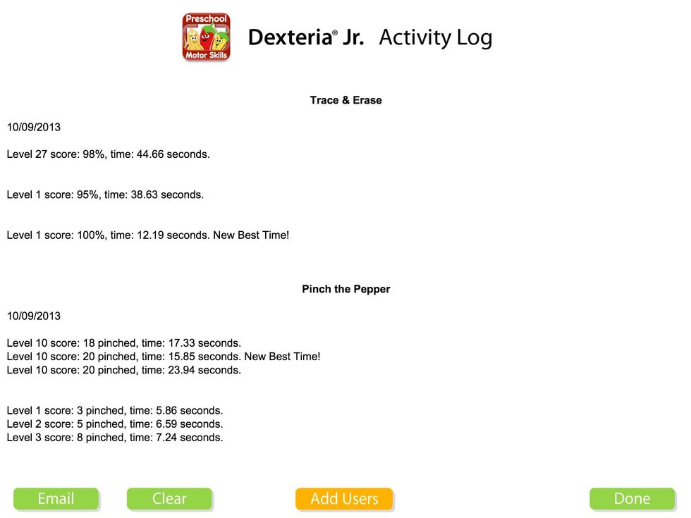 View the activity log to keep track of scores and see improvement. This allows the therapist to measure progress throughout intervention and allows the child to see their overall percentage score.