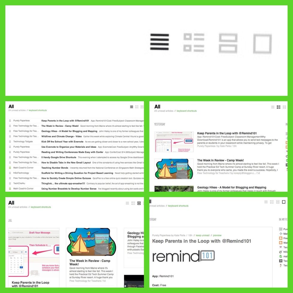 Viewing Feedly in a browser allow you 4 options to view your content. Title Only View ( like the old Google reader), Magazine View ( a list with pictures and snippets), Cards & Full article view.