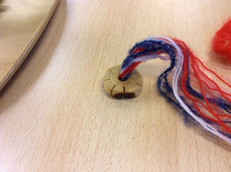 Vik garnerna p\u00e5 mitten och stoppa ner \u00e4ndarna i h\u00e5let i mitten p\u00e5 fl\u00e4tbrickan.