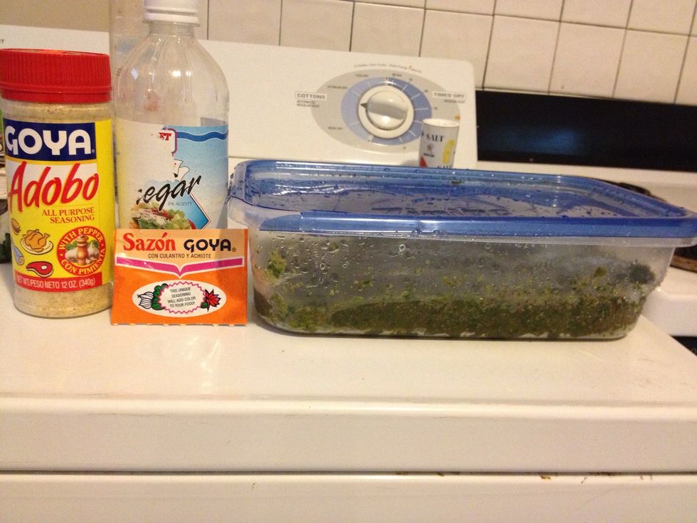 Vinegar, sazon packet, sofrito, adobo