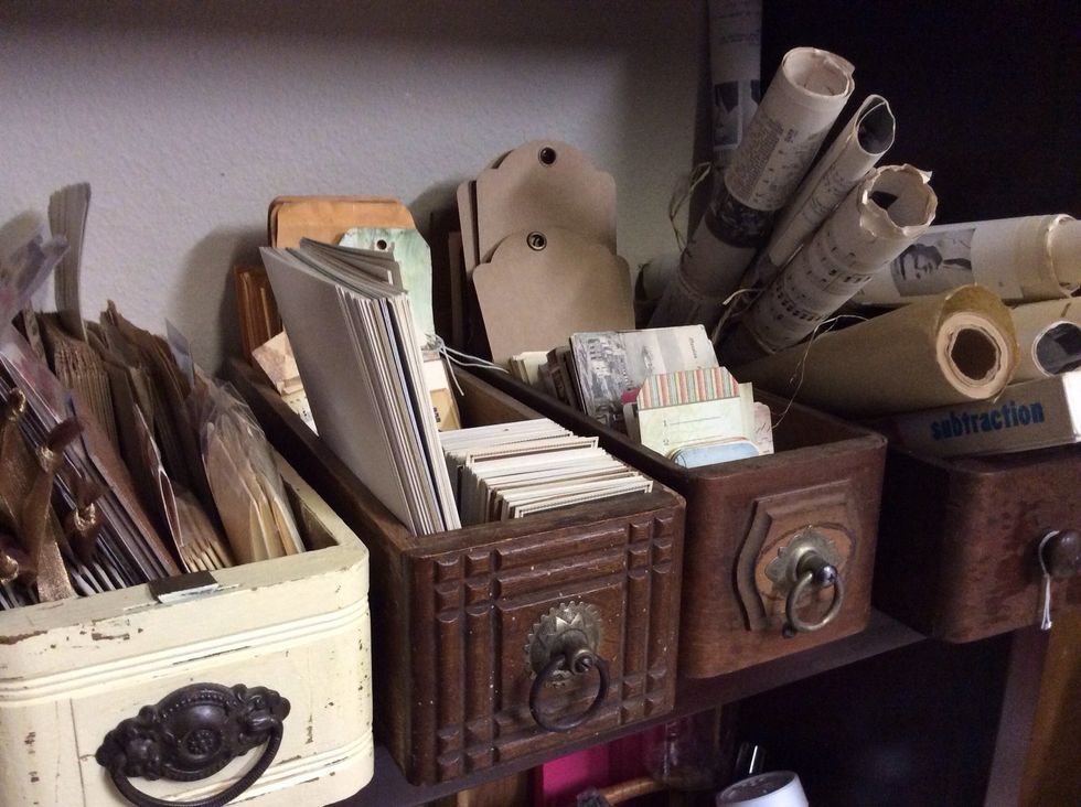 Vintage sewing drawers are just the perfect size for small paper goods, tags and ephemera.