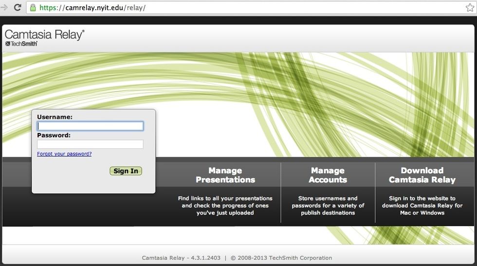 Visit the URL https://camrelay.nyit.edu and log in with your username and password supplied to you.