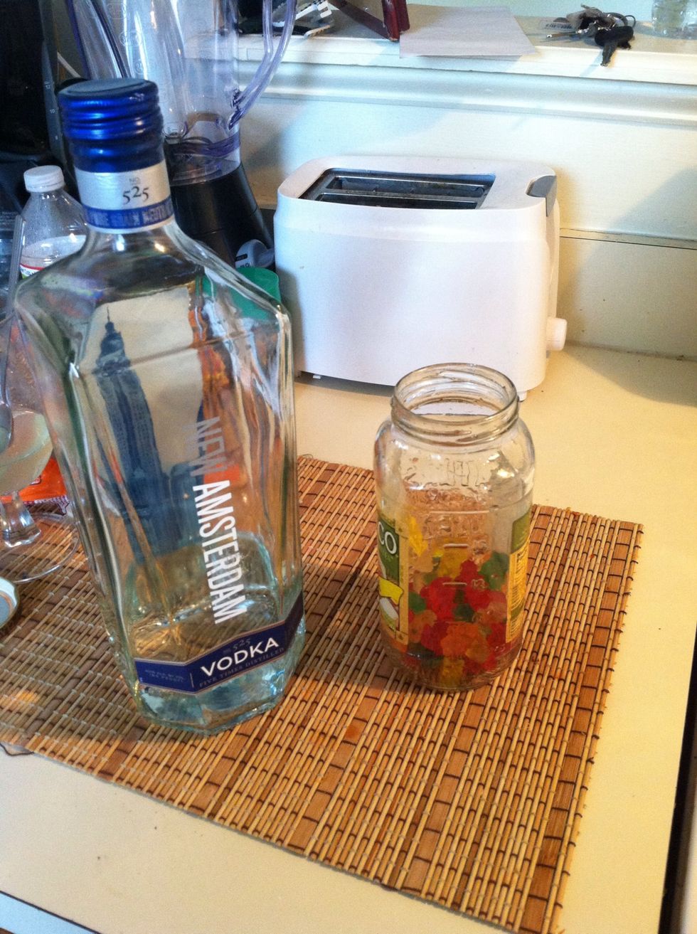 Vodka! I chose to use the rest of my Amsterdam. Add gummy bears to the jar along with the vodka.