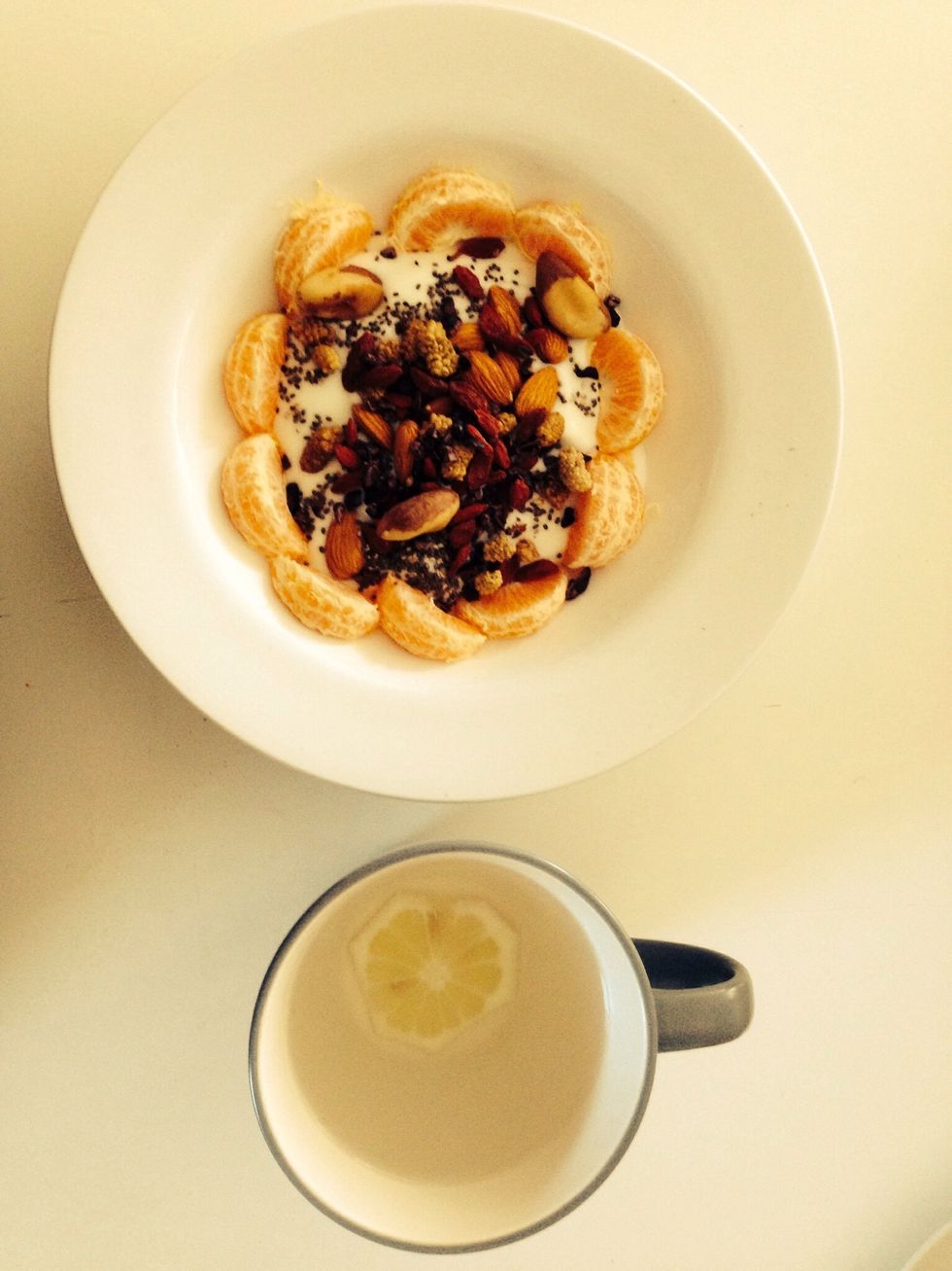 Voila - quick and delicious!! Super nutritious, healthy probiotics for a functioning tummy, balancing out sugar levels and starting your day with a spring! Serve with a mug of hot water and lemon!