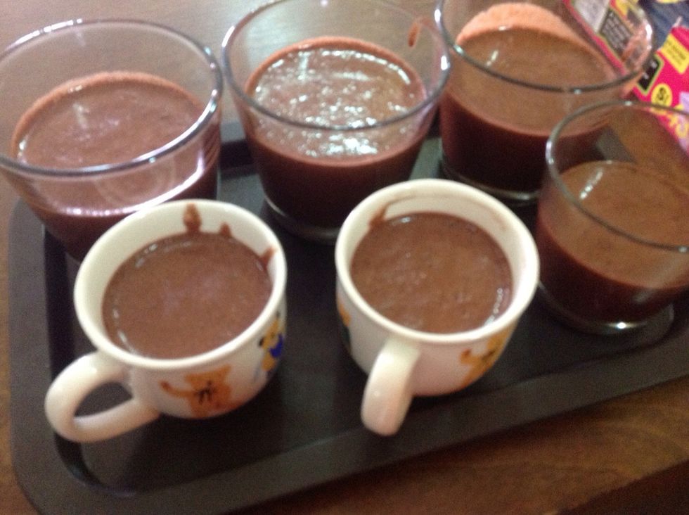 voila! there you have it, dessert within minutes. serve in a tall glass, cups all up to your creativity. add raspberries or strawberries before serving. chill in refrigerator texture! enjoy :)