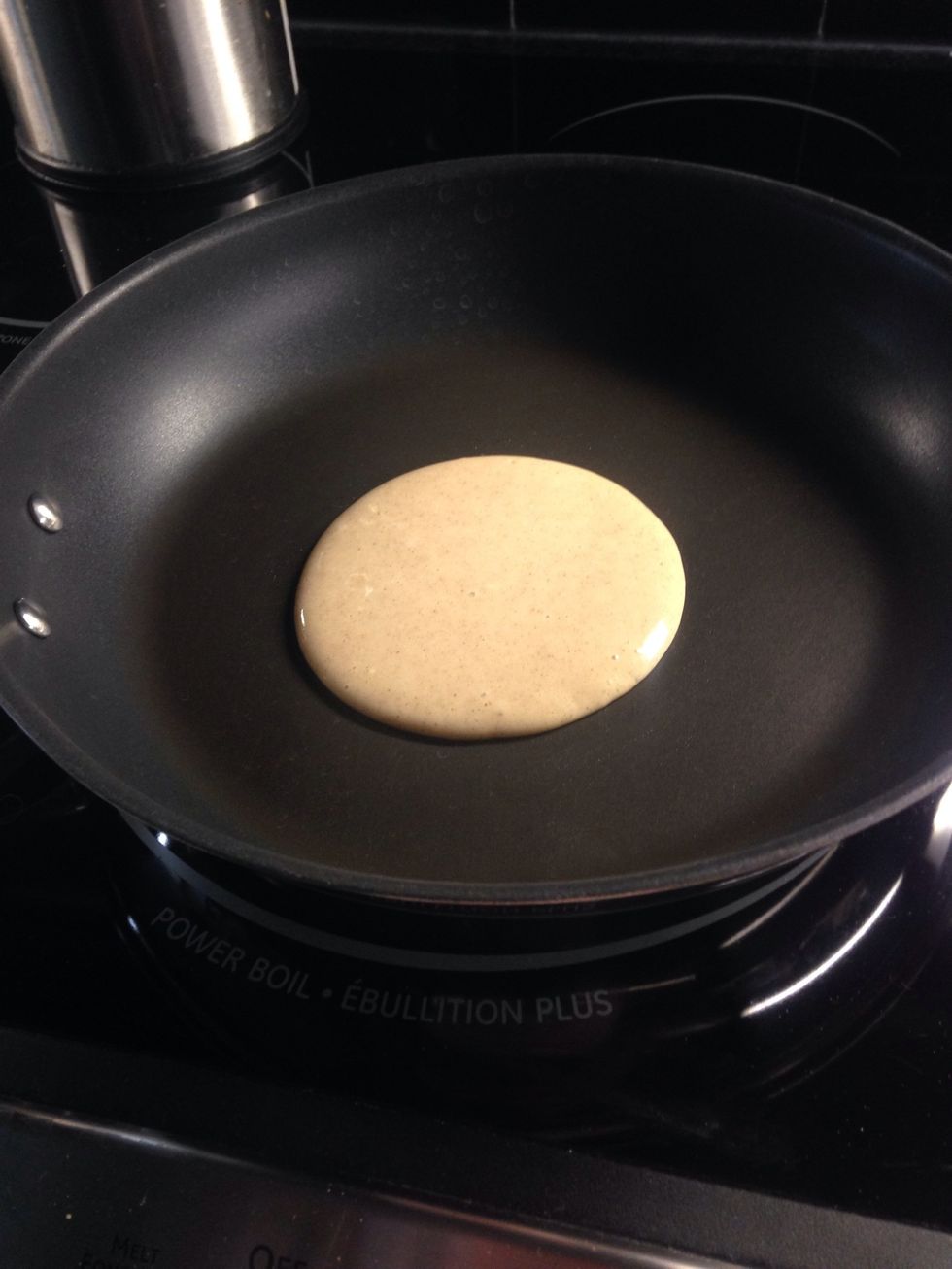 Wait 2 mins or so for pan to heat evenly. Then pour slowly into pan.
