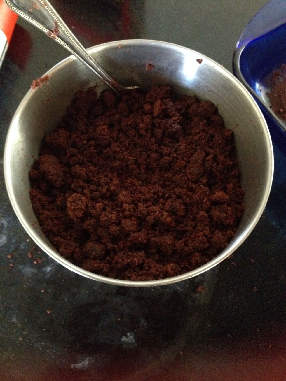 Wait for the cake to cool for AT LEAST 30 minutes. In a large bowl, crumble the cake into the smallest pieces possible. Make sure that the entire cake is evenly smashed and there are no large chunks