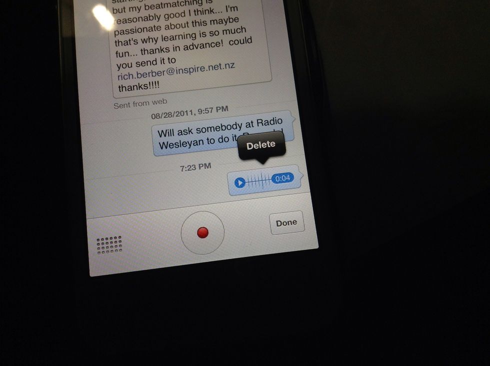 Wait for the recording to be processed. When ready, the recording will appear inside a message bubble. You can either tap the play arrow to preview, press long to delete, or tap "Done" to send.