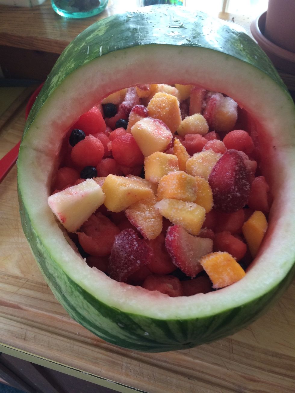 wait for them to defrost and mix into the watermelon and blueberries