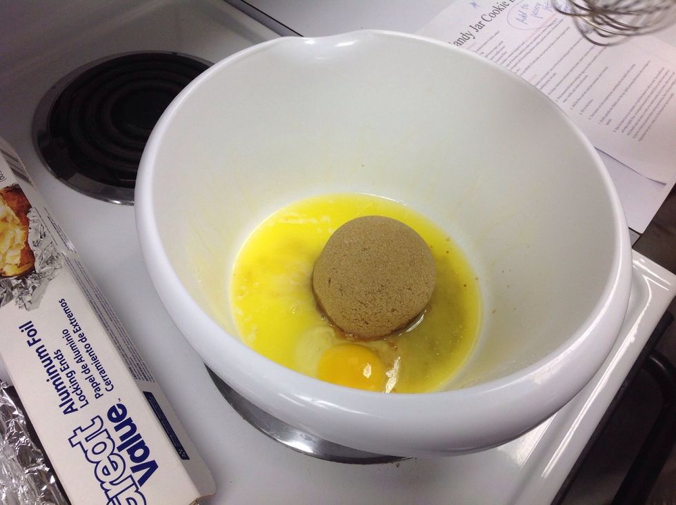 Wait momentarily before adding the egg so you don't scramble it. Add egg, brown sugar, and vanilla