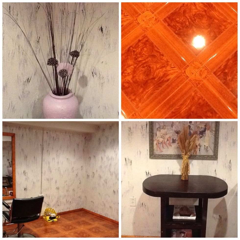 Walls, ceiling & floor. As we move on, pay attention to the vase. You have to compromise when being frugal. I wanted a nice salon but didn't want to spend thousands. Vase/garage sale, table too!