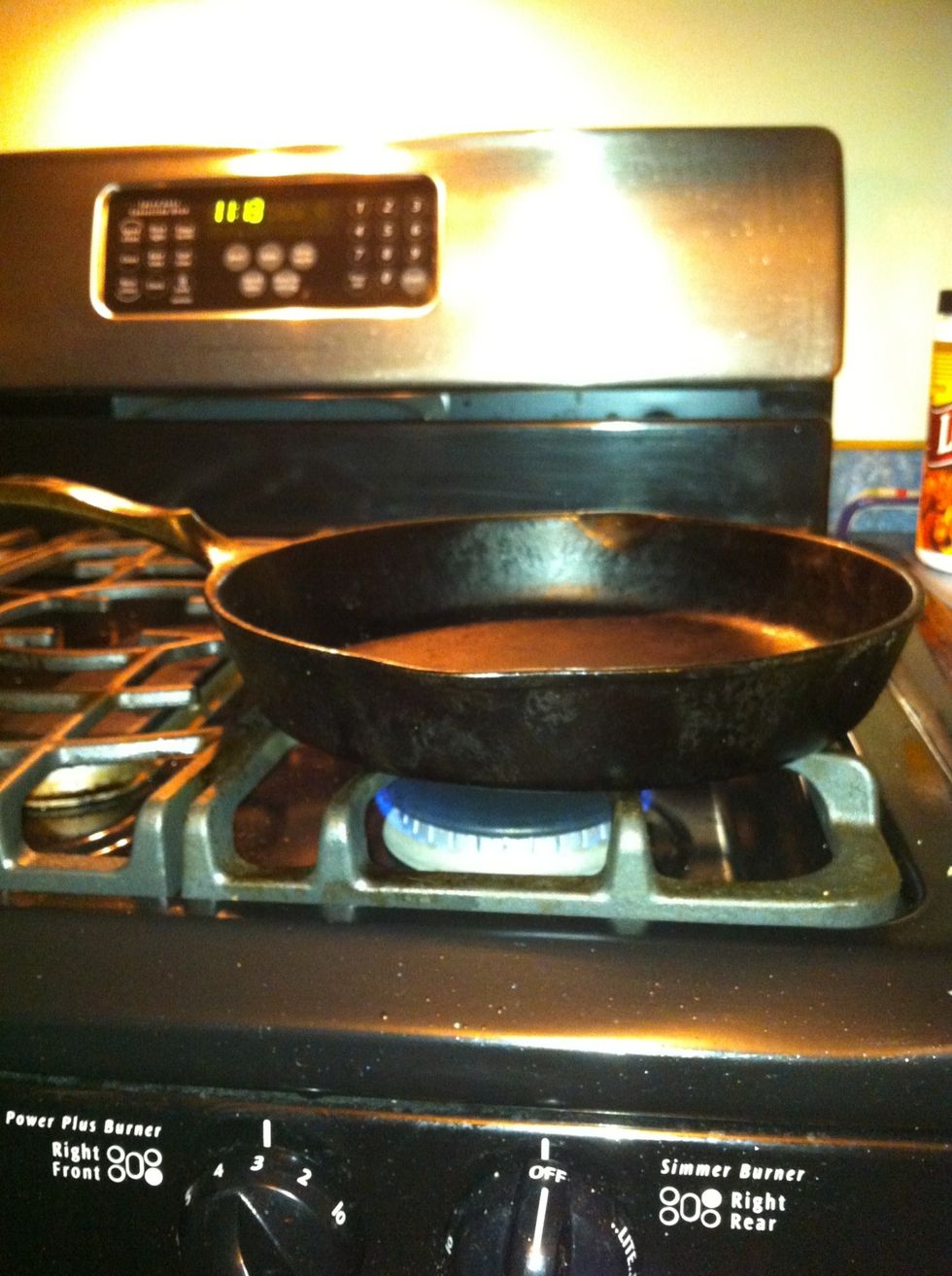 Warm clean dry skillet (preferably cast iron) with no oil, on med heat for a minute or until skillet is warm. I do this so my flour will start cooking and not stick as much; it does anyway...