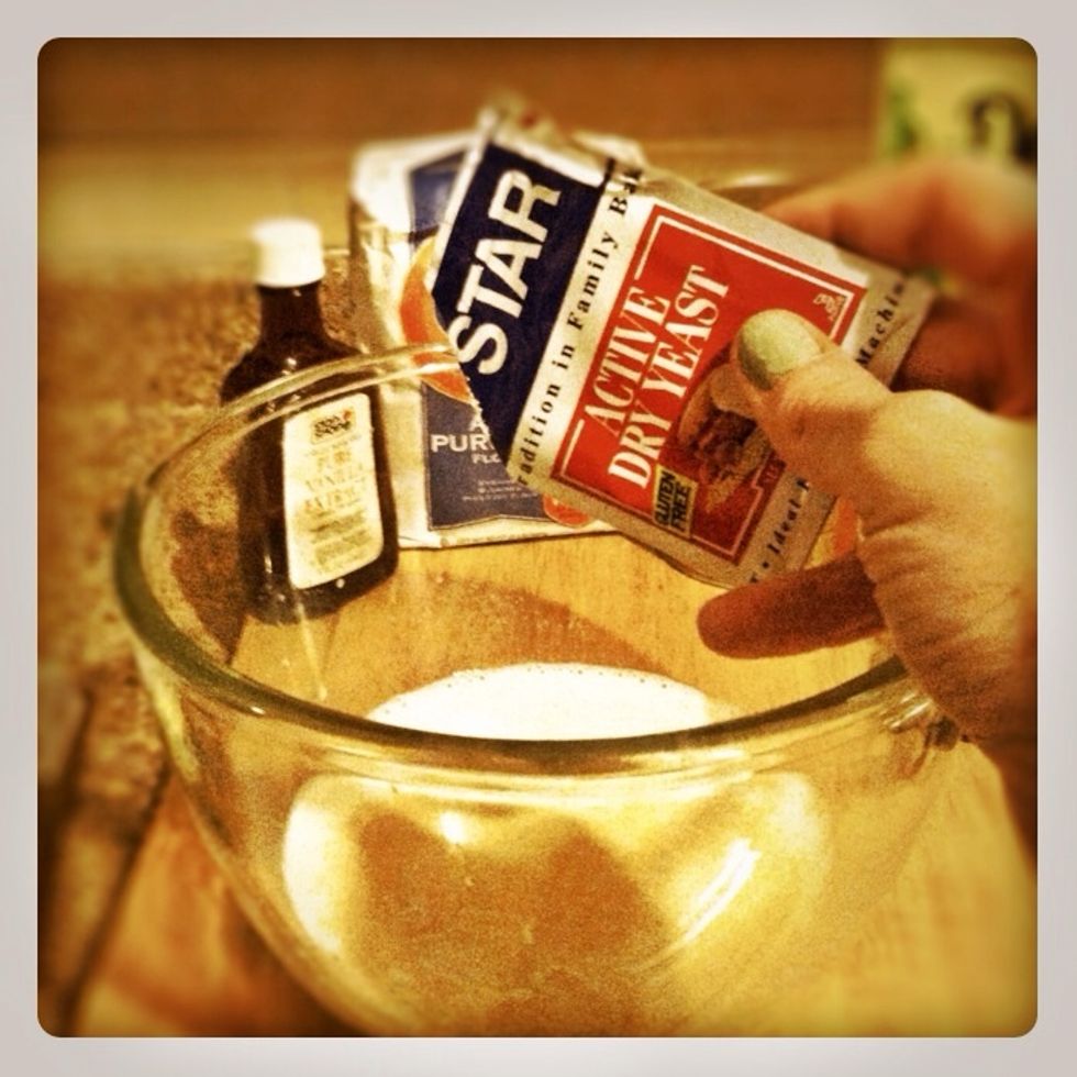 Warm milk and 1tbsp of sugar Is the perfect environment for our pre-packaged yeasty friends to get to work. Stir and Leave uncovered until milk becomes frothy (15-20 minutes)