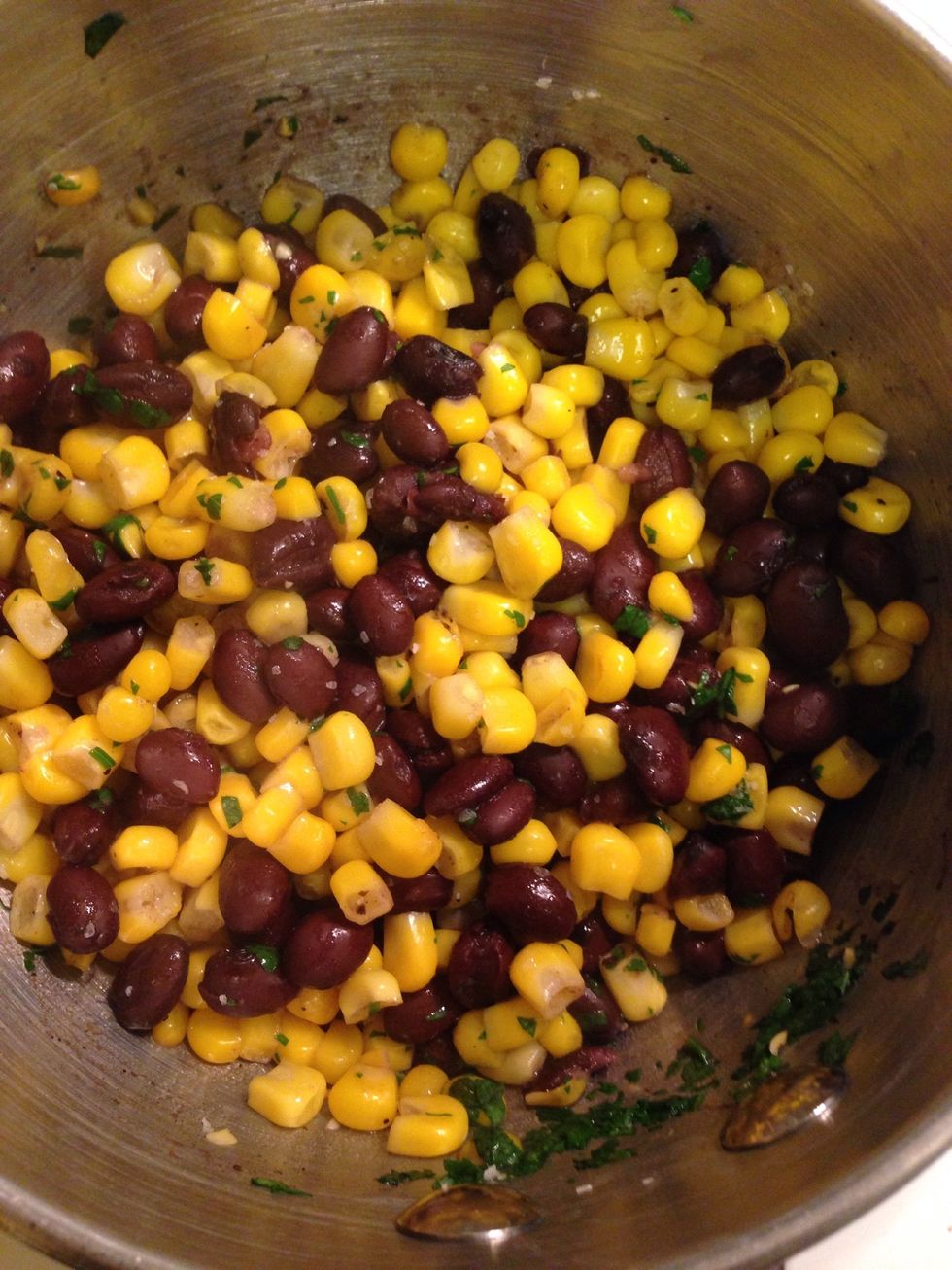 Warm the beans and corn just until heated through. Season to taste. I used kosher salt, pepper, lime juice, and some remaining bits of cilantro left on my knife.