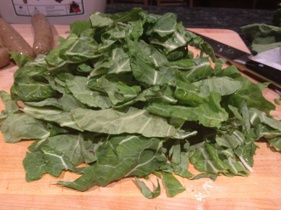 Wash and chop the cabbage. You can do it the traditional way, which is to slice it into very thin ribbons. I prefer bigger pieces, so I roughly chop it up.