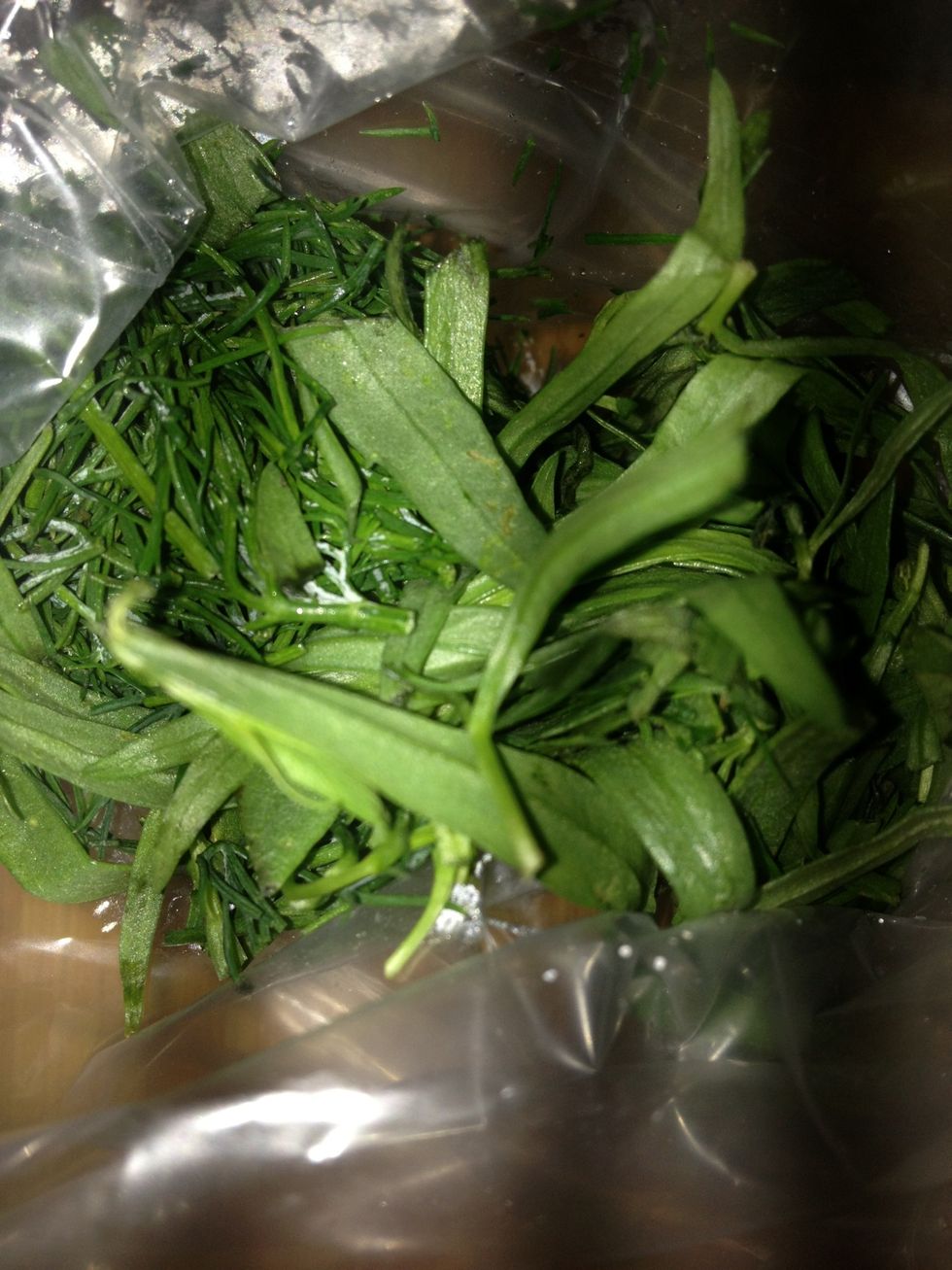 Wash and de-stem tarragon and dill, about 2 tbsp each.