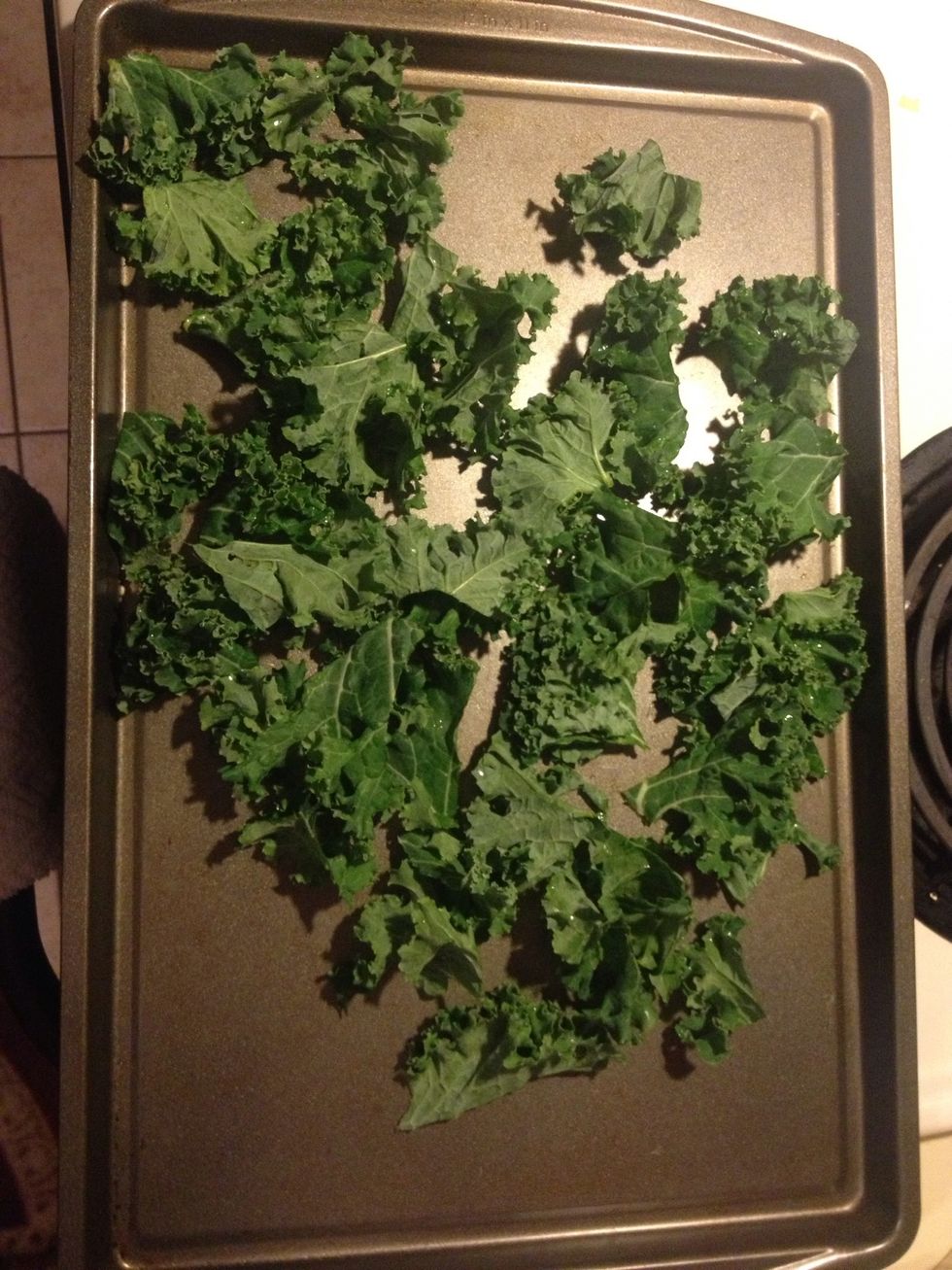 Wash and dry kale well. Then place on a baking sheet and add 1/2 to 1 tablespoon of olive oil (depending on amount of kale). Coat each piece evenly and spread out on the baking sheet.