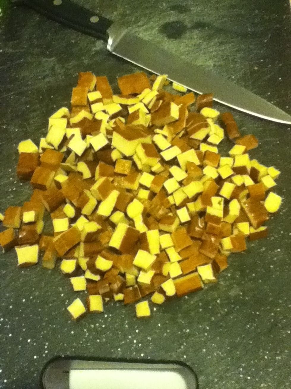 Wash and dry your tofu.  Then, dice it into cubes about the size of a fingernail.  The smaller you can do this, the nicer the texture will be later.