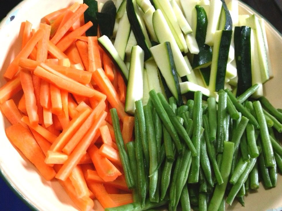 Wash and pat dry your veggies, cut into julienne. You can also make your own choices of veggies, some people like to put some cauliflower florets or bamboo shoots.