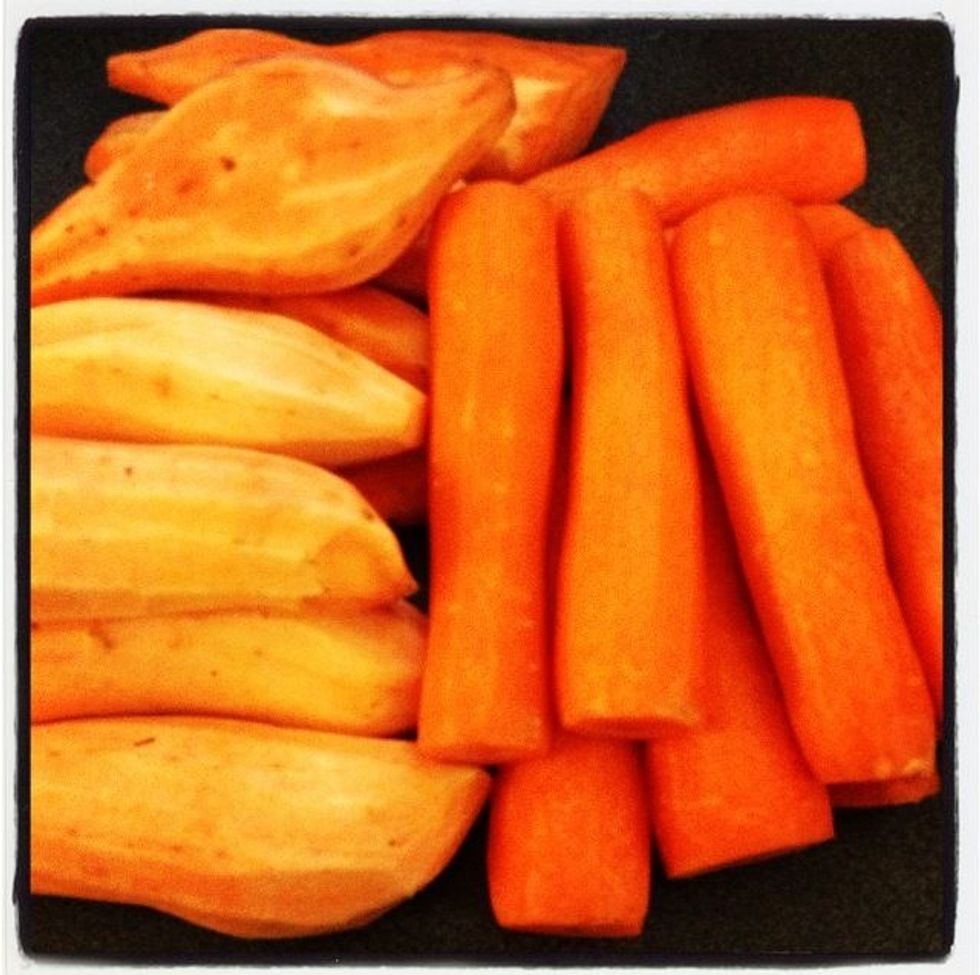 Wash and peel sweet potatoes & carrots.