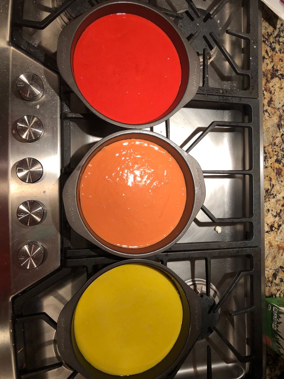 Wash cake pans and put the remaining 3 colors into the pans. Bake for 18-20 minutes and then cool for 10 minutes.