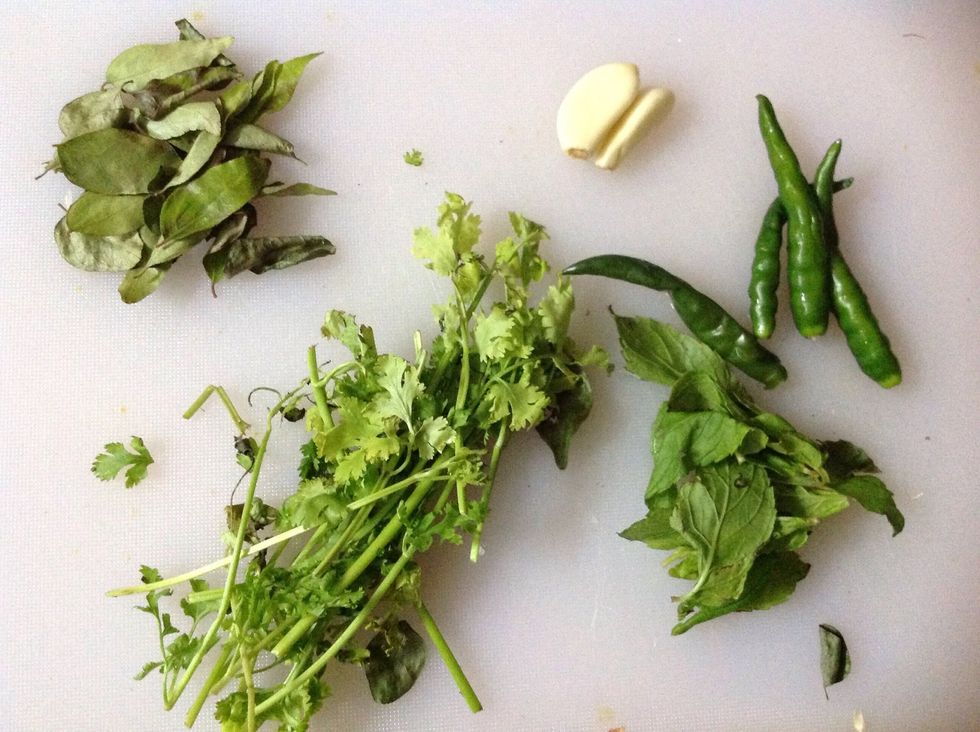 Wash curry leaves,mint,coriander and green chillies before grinding along with garlic..