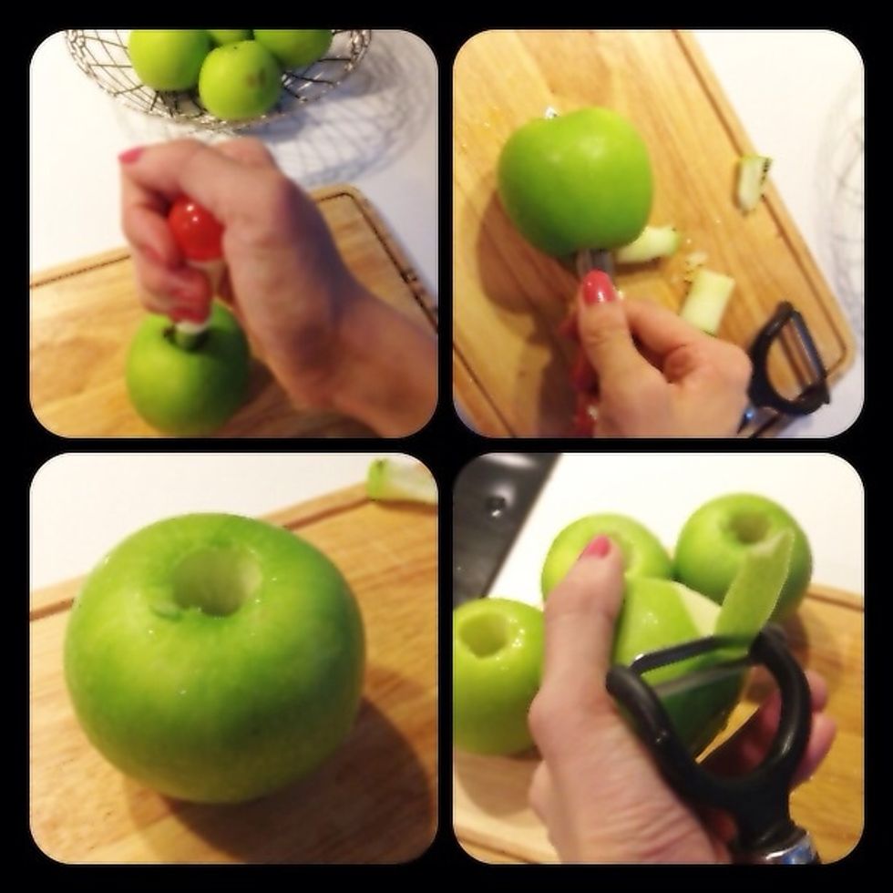 Wash, de-core, and peel the green apples.