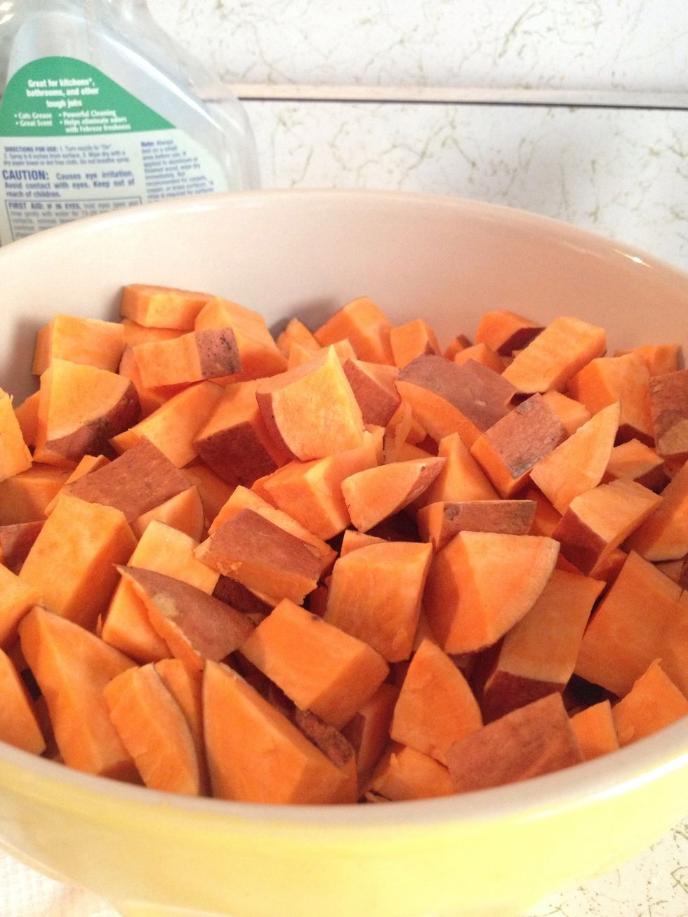 Wash & Dice your sweet potato. Use as many as you think you need. I usually go by one per person, but sometimes they are huge so use your judgement. Cut them the size you prefer, I like them small.
